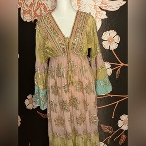 Indian/Bohemian Embroidered V-Neck Maxi Dress in Blush Pink & Yellow